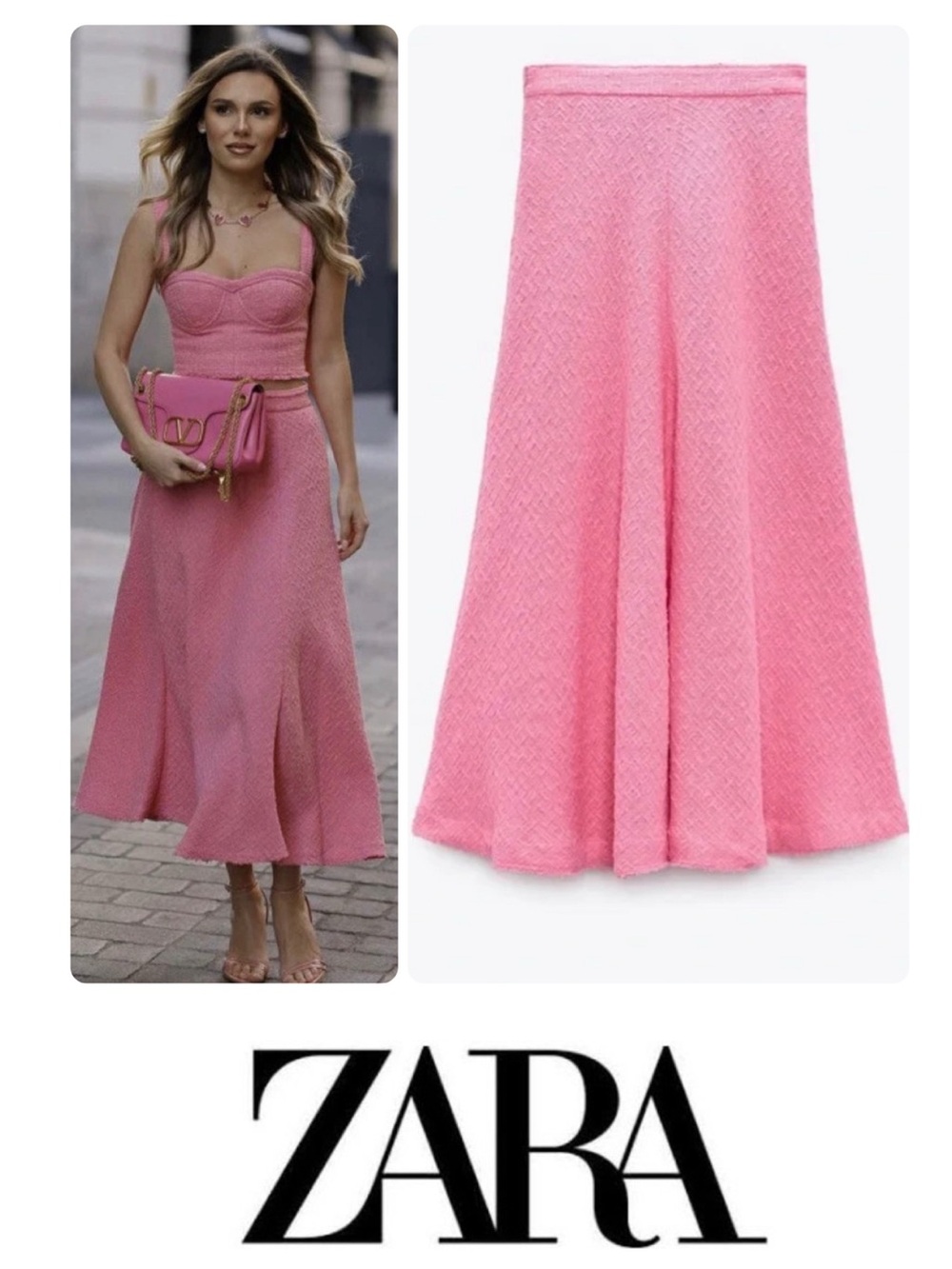 NWT ZARA Candy Pink Coquette Tweed Barbie Midi Skirt XL Bloggers Fav